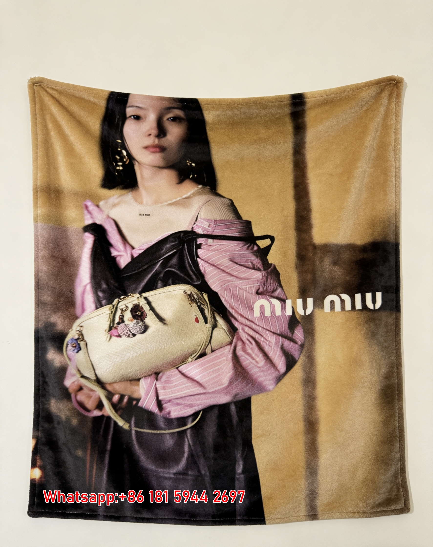 Miu Miu Warm Golden & Soft Pink Fashion Campaign Print Flannel Throw Blanket IMG_0598